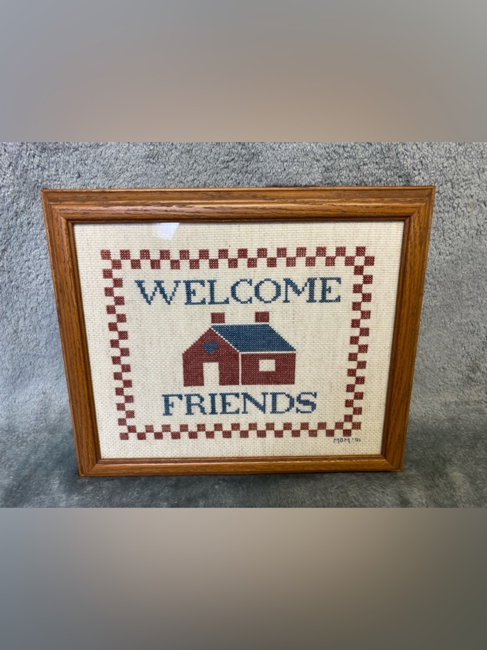 Welcome Friends Framed Cross-Stitch Home Accent - Red & Blue VTG 1991